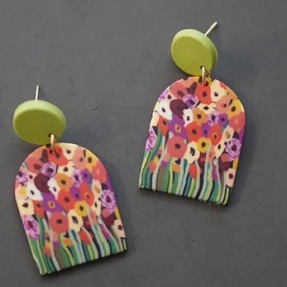 Geometric polymer clay earrings garden flowers statement earrings mothers day - Picture 4 of 4